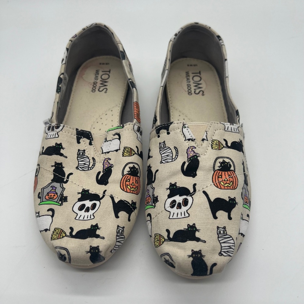 TOMS Halloween Black Cat Skull Pumpkin Canvas Alpargata Slip On Shoes Womens 6